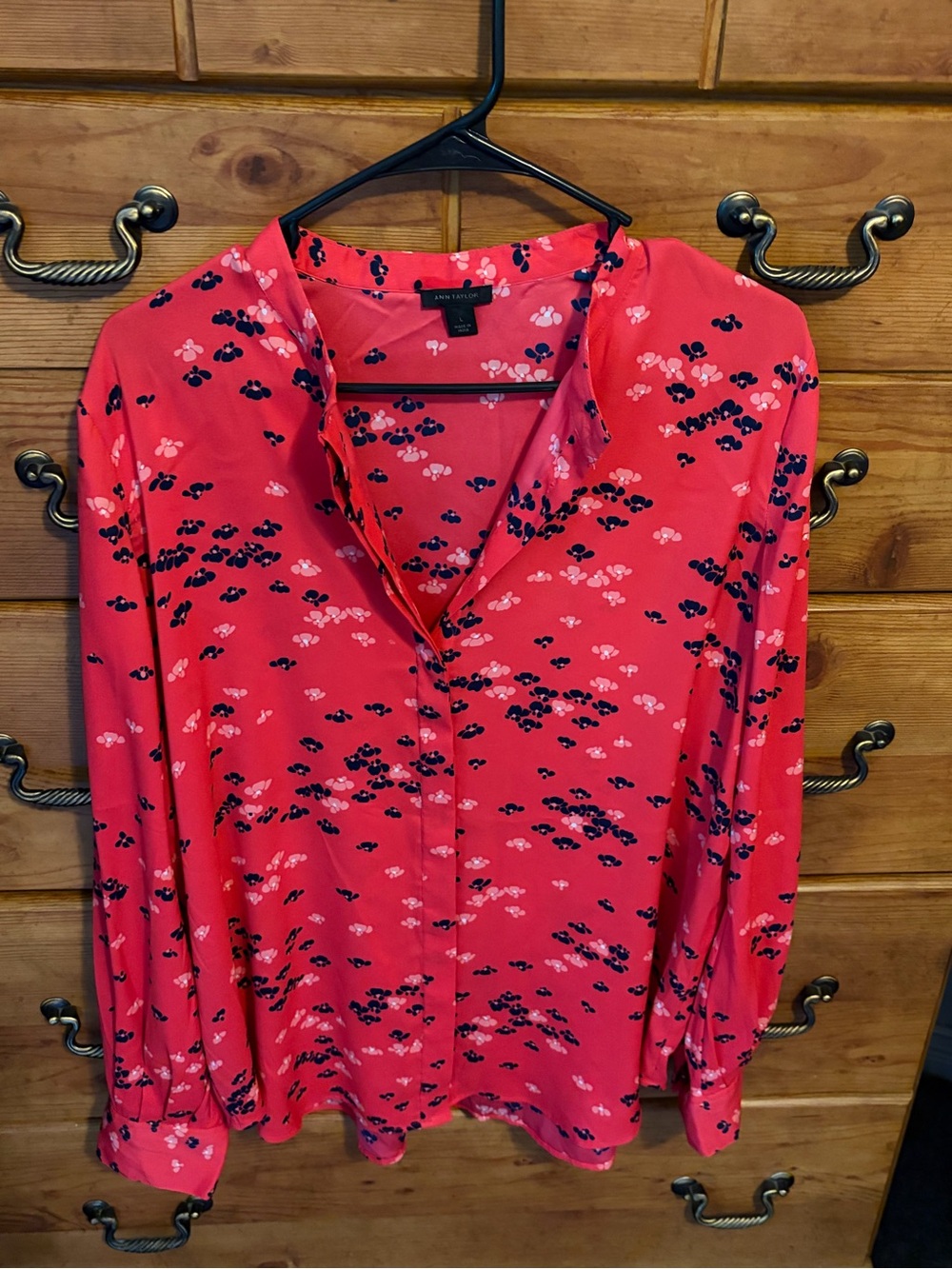 Ann Taylor Coral Pink Floral-Print Button-Front Blouse